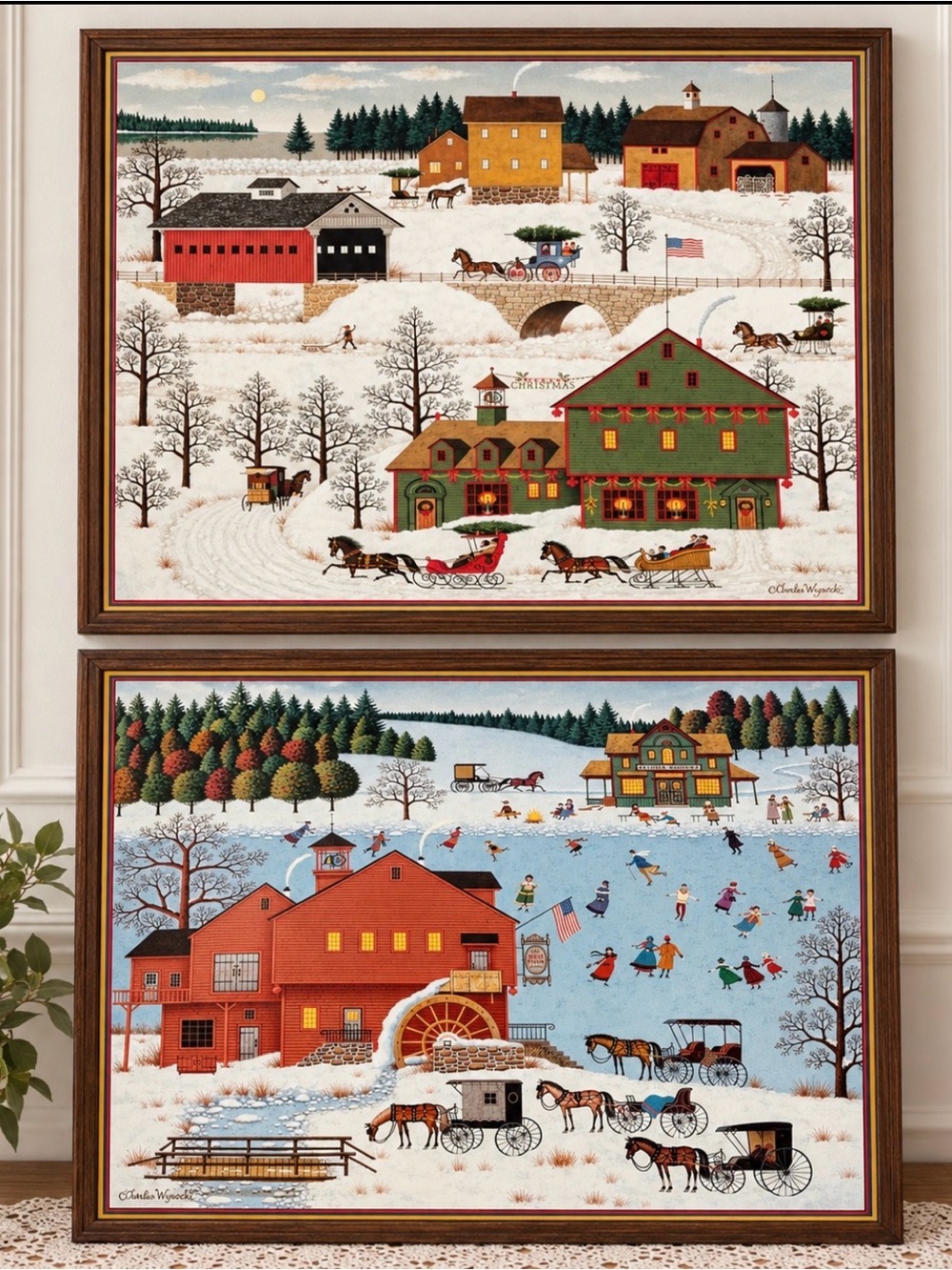 Set of 2 Vintage 1982 Charles Wysocki Framed Americana Winter Prints